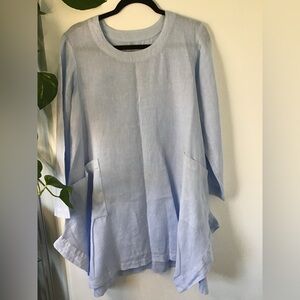 Blue Linen Asymmetrical 3/4 Sleeve Tunic